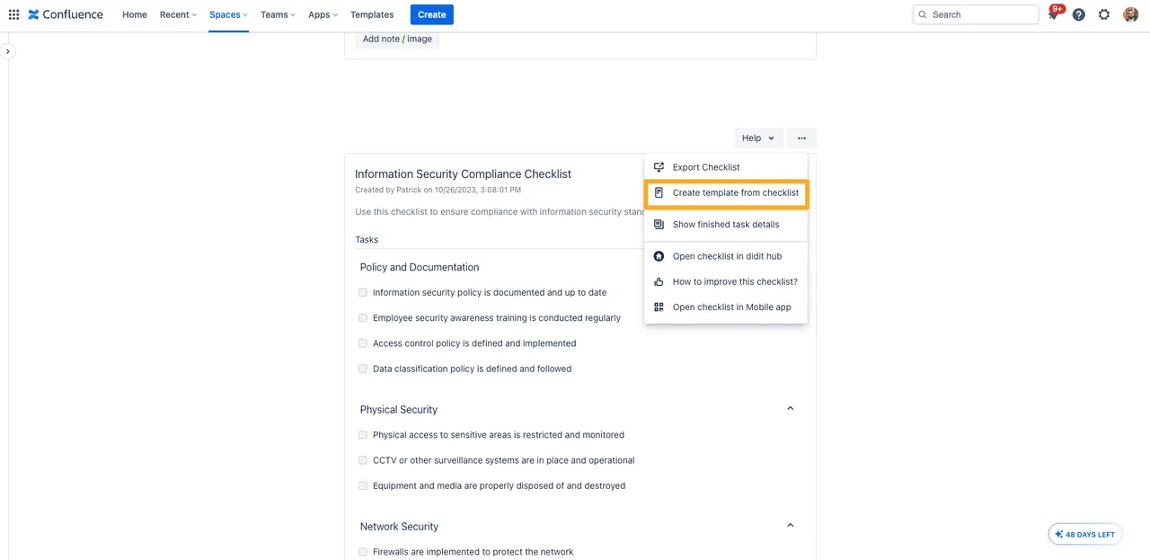 Checklist template generation