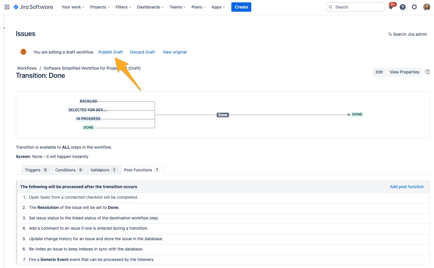 The post functions page with an arrow to the publish draft button.
