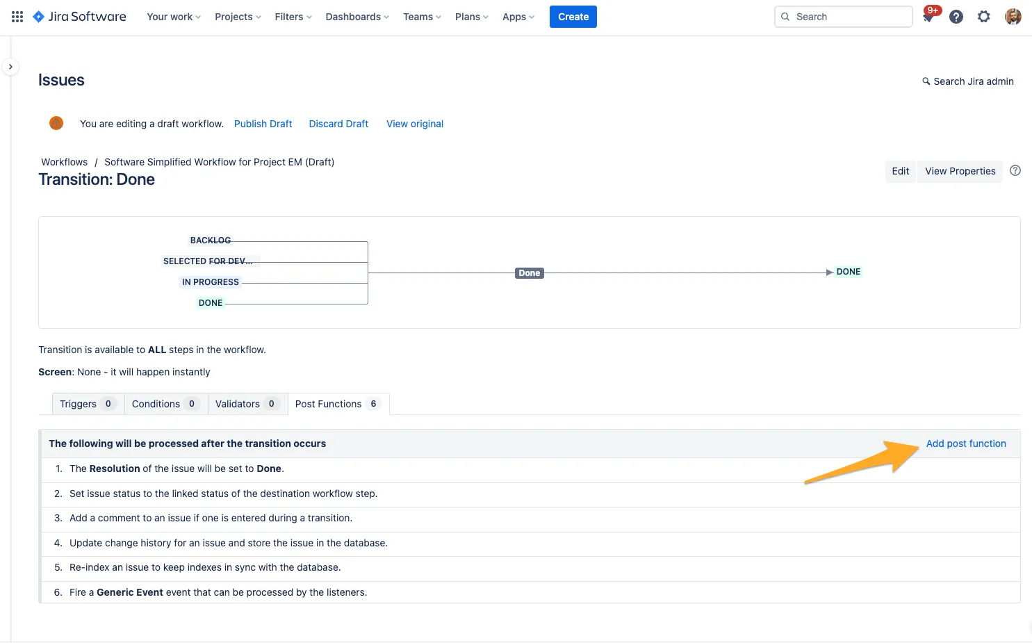 The list of post functions with an arrow to the add post function button.