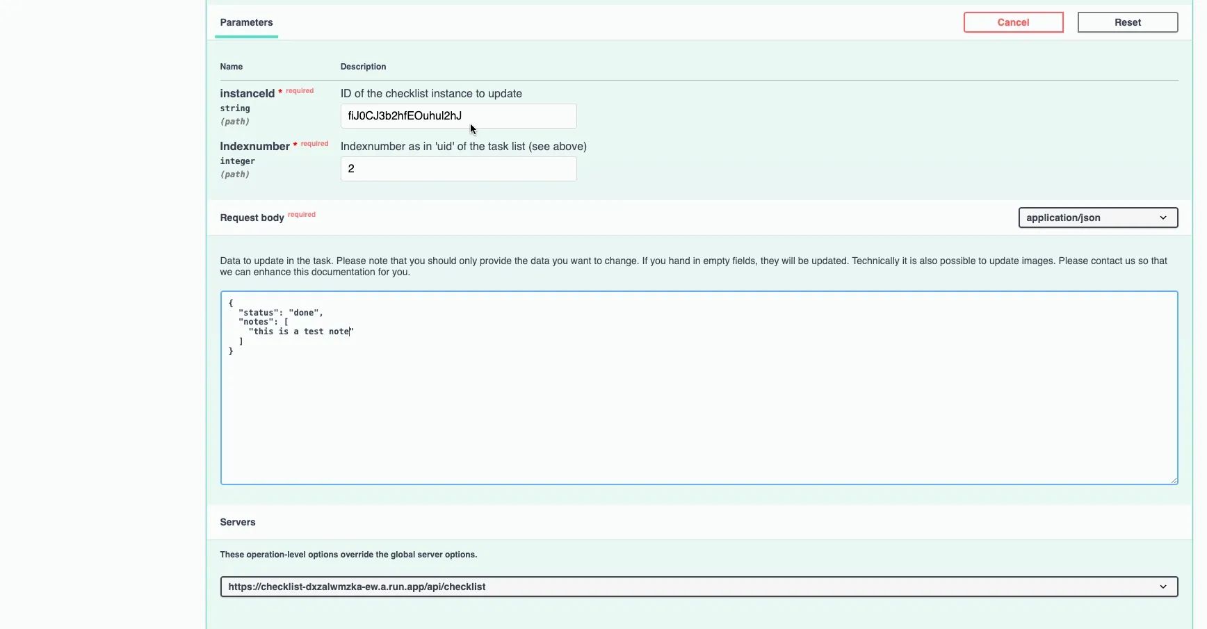 An example of updating a checklist from the Didit API references page.