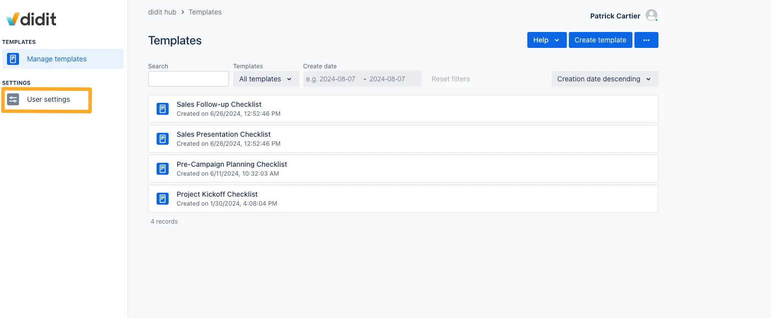 The user settings available in the customer portal.