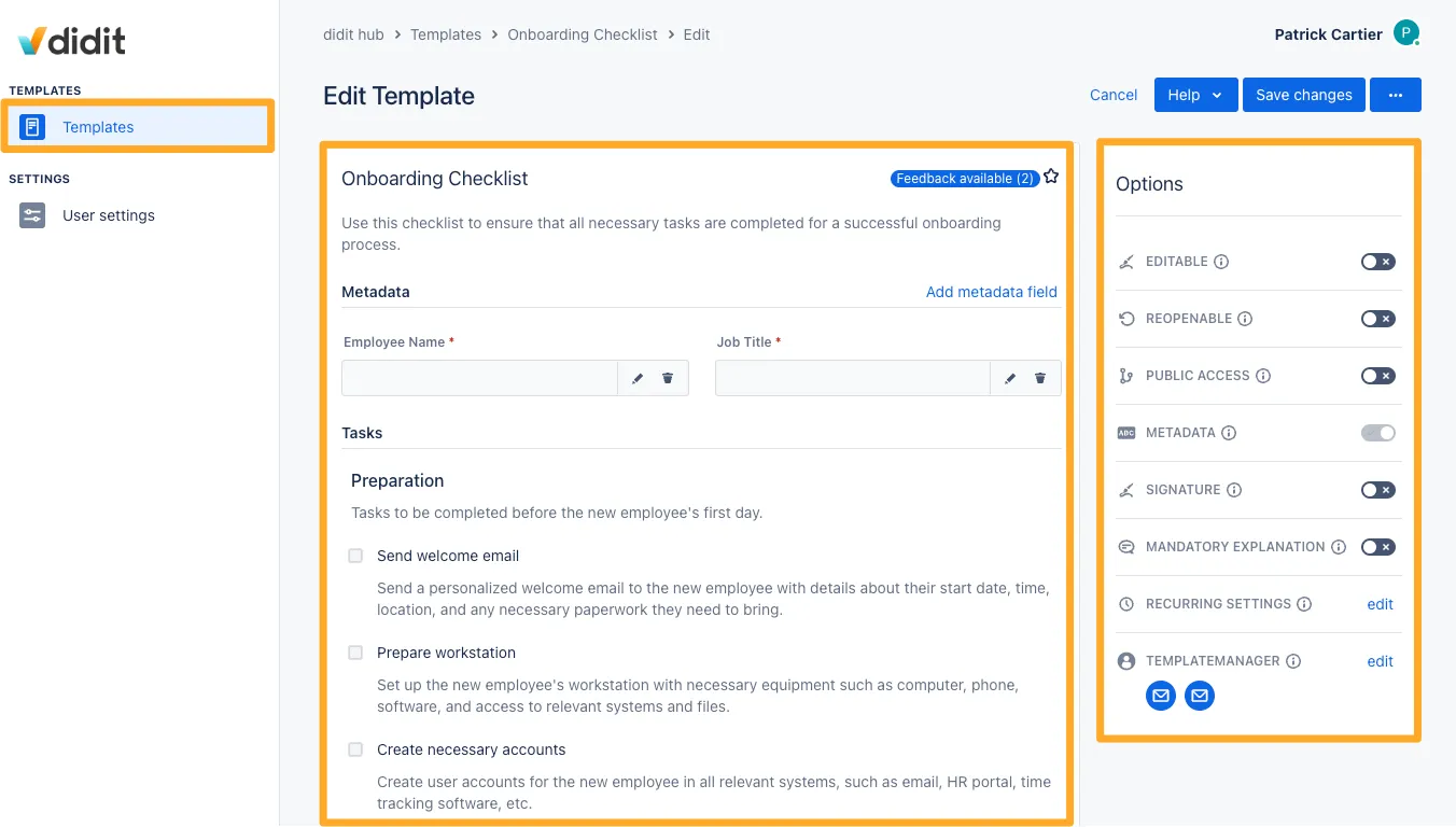 The template manager view for checklists they have access to outside of Atlassian.