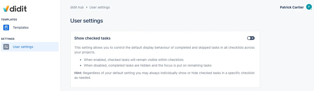 The Didit user settings from the customer portal veiw.