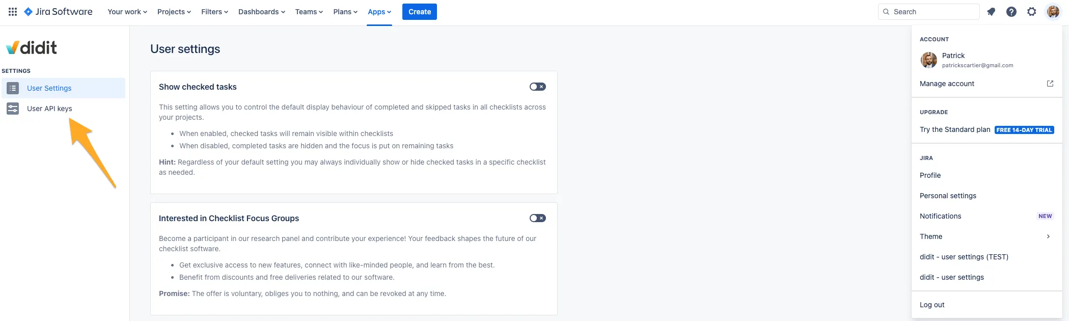 The Didit user settings with an arrow to the User API keys section.