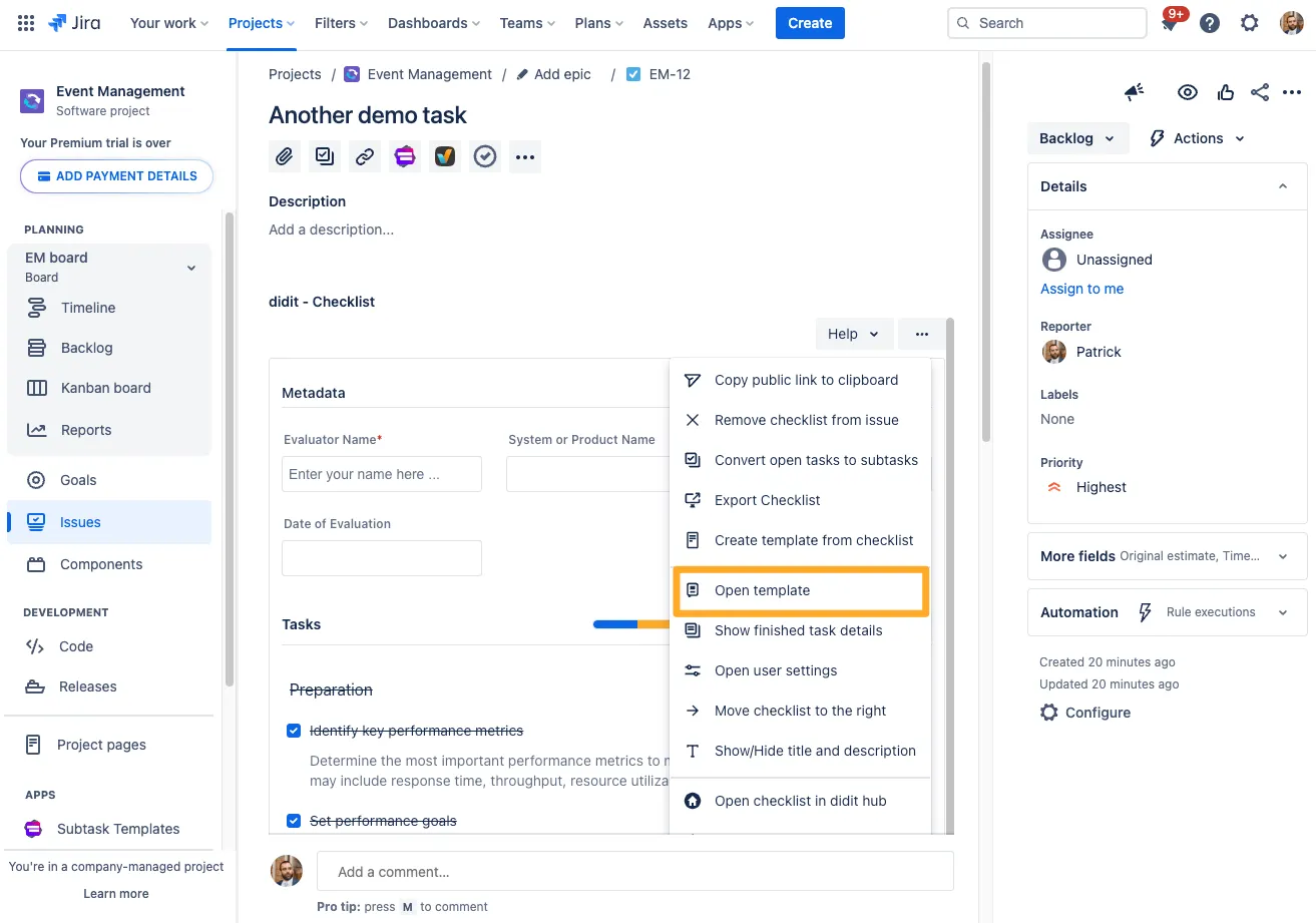 The open template button which users can see in a Jira issue after clicking the ... menu in the top right of a checklist.