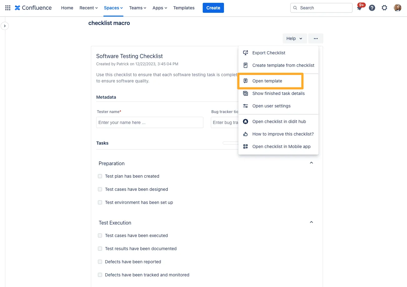 The open template button from a checklist which is publicly available and the user is viewing in the customer portal.