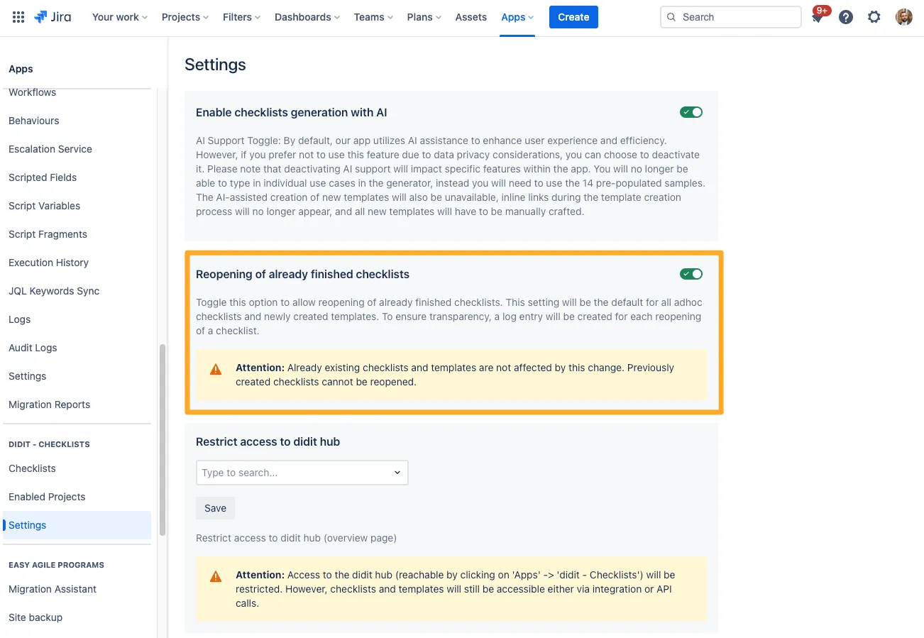 The global setting in Jira administration for reopening checklists.