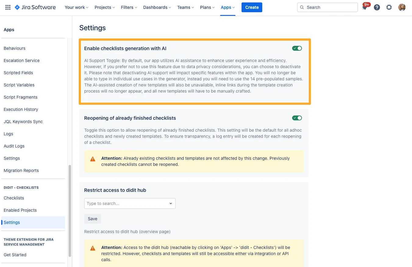 The Jira admin setting which allows admins to control the creation of AI generated checklists.